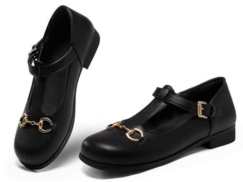 Coutgo Women's Mary Jane Shoes T Strap Chunky Low Heel Round Toe Comfortable Adjustable Strap Flat Dress Shoes