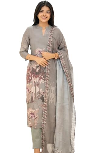 Image of Sun Fashion And Lifestyle Kurta Sets for Woman | Kurti Set | Women's 3 Piece Kurta Pant Dupatta Set | Cotton Blend Kurta Woman | Elegant Suit for Women | Dupatta (KPD62 Grey)