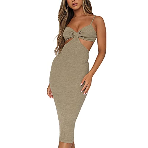 Meihuida Y2k Damen Kleid mit Ausschnitt und Neckholder, ärmellos, rückenfrei, gestrickt, figurbetont, für den Sommer - Braun - Klein