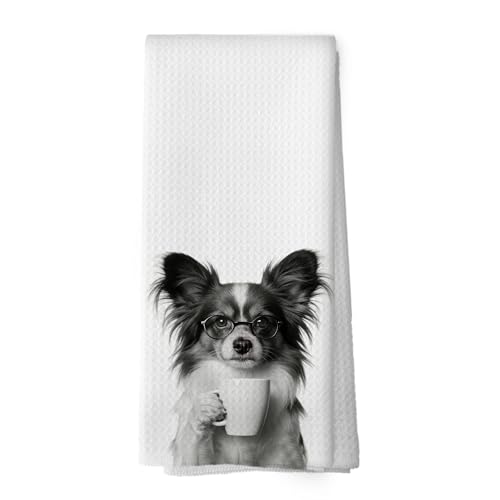 XPH Funny Papillon Coffee Bar Kitchen Dish Towels, Papillon Gifts for Women Men, Dog Doxie Gifts for Women Hand Towels Kitchen Tea Towel Decorations, 16x24inch