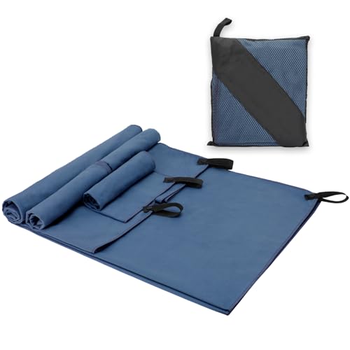 Alyvisun 4 Piezas Toalla Microfibra, Toalla Gimnasio/Toalla Deporte Absorbente y de Secado Rápido, Toallas de Viaje Ligera y Compacta en 3 Tamaños para Yoga Acampar Playa - Azul
