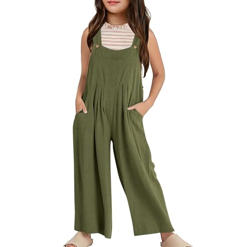 Latzhose Mädchen Weit Bein Jumpsuit Kinder Ärmellos Coole Overall Einfarbig Lang Hose Teenager Arbeitshose Outdoor Locker Lässige Strampler Kleidung (Green, 13-14 Years)
