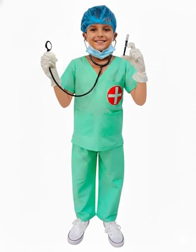 Image of BookMyCostume Surgeon Doctor Dress for Kids 7-Pc Costume - Complete Medical Uniform Set with Stethoscope, Mask, Cap, Syringe & Gloves | Perfect for School Fancy Dress Competition Role Play 6-7 Years