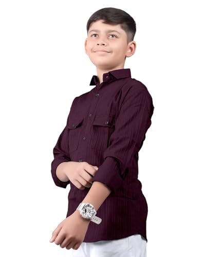 Image of ZilconKid Boy's Cotton Hawaiian Plain Double Pocket Shirt with Spread Collar Neck Full Sleeves Button Closure Curved Length | Shirt for Kids Boys