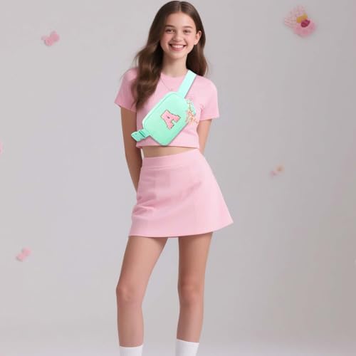 Image of Fanny Pack for Kids Girls 10-12 - Small Waist Belt Bag with Initial Letter Patch and Extender Strap for Women Teen Girl Friends Mini Bum Hip Travel Purse Crossbody Belt Bag Mint Green E