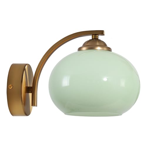 Image of Vintage Green Glass Wall Sconce Brass Gold Wall Light Fixture Hardwired Mid Century Modern Bathroom Vanity Light Fixture