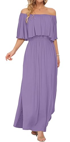 Image of AUSELILY Womens Off Shoulder Ruffle Split Summer Maxi Dresses with Pockets | Off-shoulder Ruffle dress with empire waist & side split for summer beach and casual parties