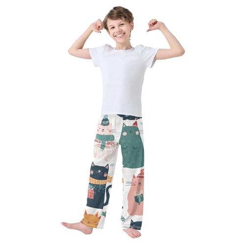 Cat Pine Branch Boys Long Pants Soft Trousers Elastic Waist Kids Lounge Bottoms with Pockets S-XL3