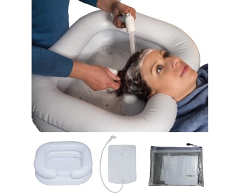 Lavacabezas Portatil con bolsa de agua y ducha, Champú hinchable para cabello, lavabo inflable para casa, personas discapacitades, embarazadas, mayores con Estuche