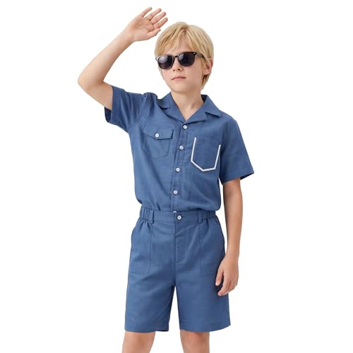 Image of LOLANTA Boys 2 Pieces Linen Set kids Short Sleeve Button Down Shirt and Shorts Summer Vacation Outfits