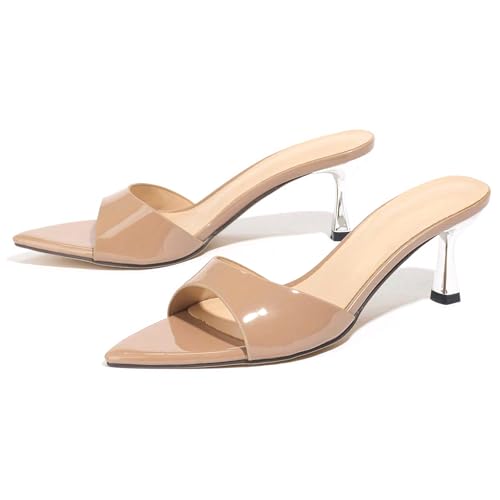 Women'S Patent Leather Kitten Heel Dress Mule Sandals Sexy Pointed Open Toe One-Strap Slingback Party Dance High Heel Sandals Summer Fashion Business Work High Heels