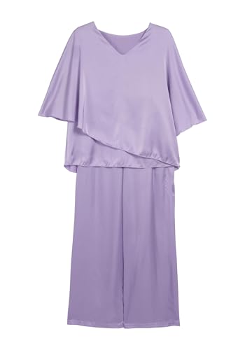 Womens Dressy Chiffon 2 Piece Pant Suits V Neck Short Half Sleeve Irregular Tops Wide Leg Pantsuits for Wedding Guest3