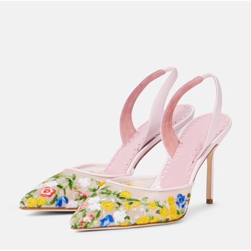 Women's Fine Mesh Slingback Pumps - Multicolor Print Closed Pointed Toe Slip-On Stiletto Heels for Bridal, Wedding, Party & Evening Events4