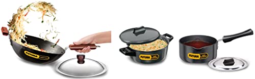 Hawkins Stir-Fry Wok with Lid, 3 Litre, 28 cm, 3.25 mm, Black & Hawkins Cook-n-Serve Bowl with Lid, 2 Litre, 20 cm, 4.06 mm, Black (ACB20) Saucepan with Lid, 1.5 Litre, 16 cm, 3.25 mm, Black