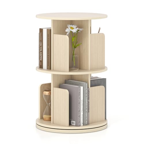 Image of Giantex 2-Tier Rotating Bookshelf, 360° Display Rack w/Dividers & Anti-Falling Baffles, Multifunctional Narrow Floor Standing Bookcase, Book Storage Organizer for Living Room Bedroom, Natural