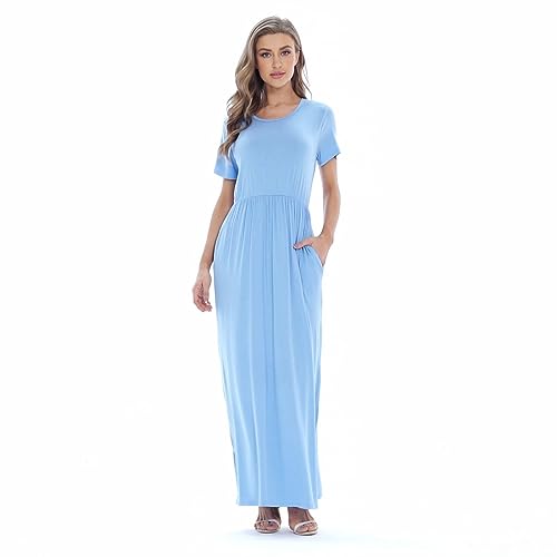 Image of AUOMITH Women's 2026 Summer Short Sleeve Empire High Waist Long Maxi Dress with Pockets