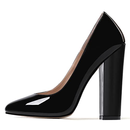 WAYDERNS Women's Slip On Party Patent Round Toe Solid Thick Sexy Block High Heel Pumps Shoes 4.7 Inch2