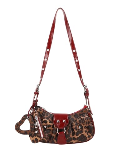 QWINEE Women's Y2K Studded Leopard Print Shoulder Bag Zipper Funky Underarm Purse with Adjustable Strap