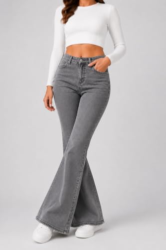 Image of Women's High Waist Bell Bottom Jeans | Flared Wide Leg Stretchable Denim Pants | Stylish Casual, Party & Everyday Wear | Denim Pant Suits | Bootcut Fit Design