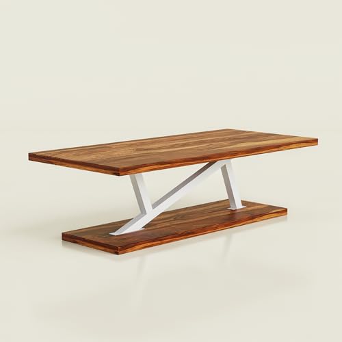 Image of Coffee Table /Center Table /tea table with Open Storage Shelf - Minimalist Sesham Wood Rectangular Center Table with white Z Shape metal fram for Living Room, Office, and Lounge Easy Assembly