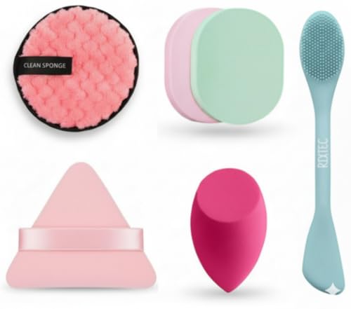 Image of 5 in 1 Makeup Sponge Blender | Triangle Powder Puff | Makeup Remover Cleaning Pad | Silicone Face Srubber Brush | Makeup Cleaning Sponge (Combo of 06 Product)