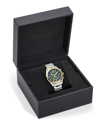 Versace V-Code Chrono Collection Luxury Mens Watch Timepieces with a Two Tone Bracelet and Case Featuring a Green Dial4