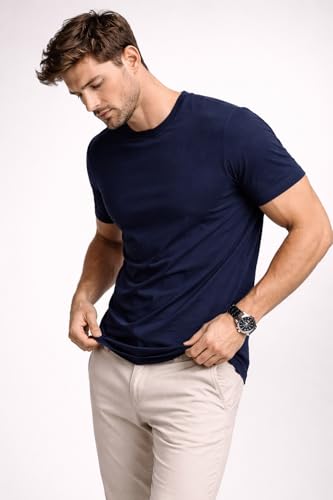Image of Mens T Shirt Premium Cotton Slim Fit Crew Neck Short Sleeve Casual Basic Tee Soft Breathable Everyday Essential