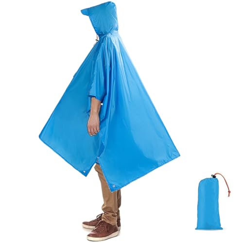 MOPHOEXII Rain Poncho with Adjustable Hood, Waterproof Lightweight Unisex Multifunctional Raincoat for Hiking Festivals Camping Emergency(Light Blue)