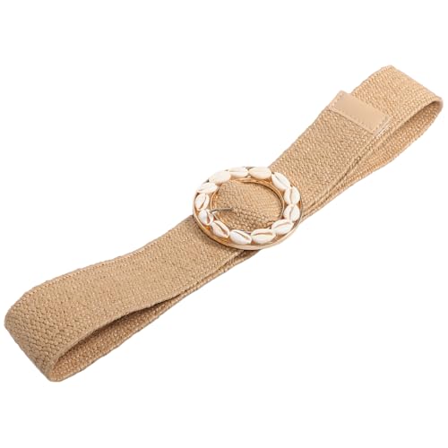 QianShi Women Bohemian Belt Handmade Braid Woven Boho Wide Elastic Waist Belt with Round Buckle and Shells Waistband for Vacation Outfits Summer Dresses Beach Party Decorations4