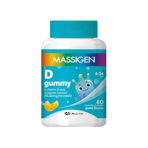 Massigen - D Gummy, 60 Caramelle da 3,3 g, Integratore Alimentare con Vitamina D, Vitamine Gommose per Bambini 4-14 Anni, Gusto Limone, Per Sistema Immunitario e Ossa Sane