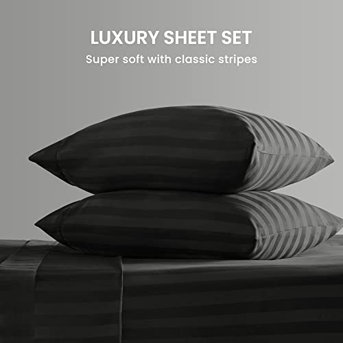 SLEEP ZONE Striped Cooling Twin Sheets Set for Kids - Fitted Flat Sheet & Pillowcase Sets 3 Piece - Super Soft Stripe Bed Sheet, Easy Care, Deep Pocket (Black, Twin)