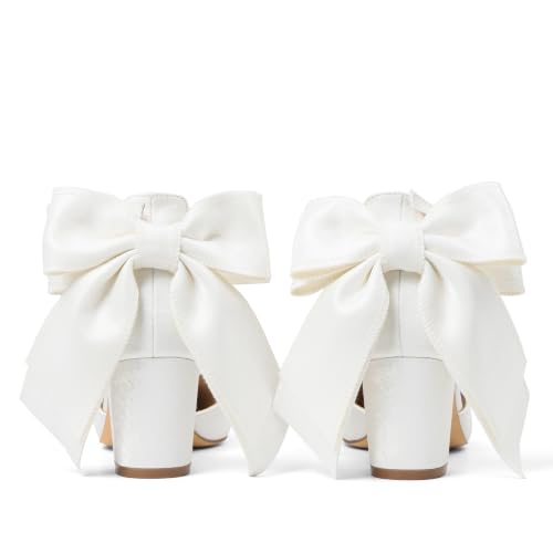 Yremael Women's White Bow Heels Pointed Toe Pumps Satin Ankle Strap Chunky Block Kitten Heel Dress Shoes - image 6