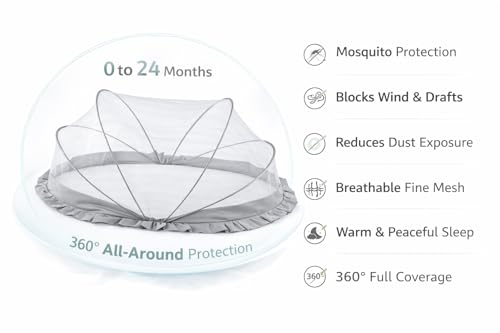 Image of DecorTwist Baby Mosquito Net for Bed - Foldable Pop-Up Dome Net for Newborns & Infants (0-24 Months) | Breathable Mesh, Insect & Fly Protection | 135x65x65 cm | Travel & Outdoor Safe (Gray)