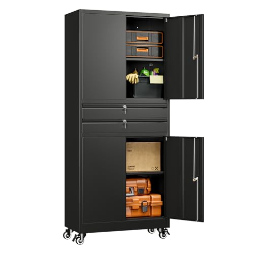 Image of Yizosh Metal Garage Storage Cabinet with Locking Doors and Adjustable Shelves, 74 inch Rolling Tool Storage Cabinet with 4 Wheels and 2 Drawer for Garage,Warehouse