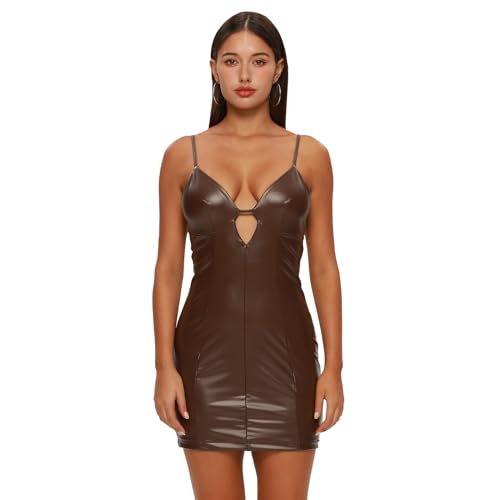 XLLAIS Frauen Sexy Ausschnitt Spaghettiträger Kunstleder Minikleid Bodycon Kleid, Braun, X-Groß