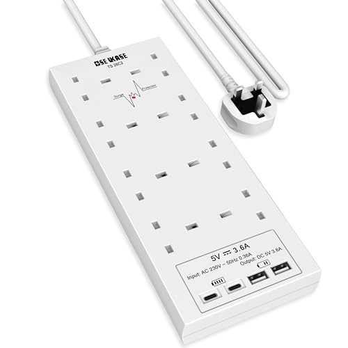 Extension Lead with USB Slots 8 Way Socket Surge Protection with 4 USB Charger(2C+2A) Multi Plug 2990W Safety Shutter with 2M Extension Cord for TV PC Laptops Tablets