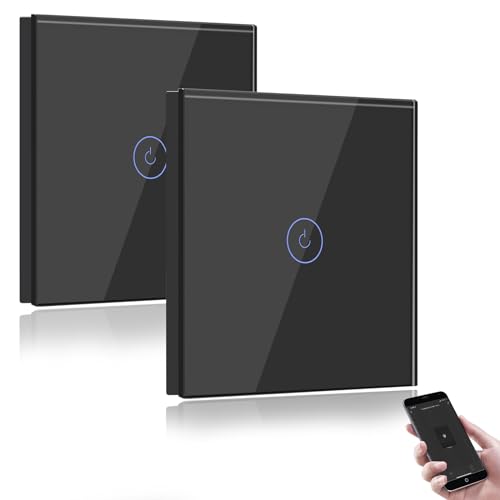 BSEED Smart Light Switch,Compatible with Alexa and Google Home,1 Gang WiFi Touch Switch,2 Way or Multi-Way Control by SmartLife APP,Black Alexa Switch with LED Indicator Light-Neutral Wire Need-2pack
