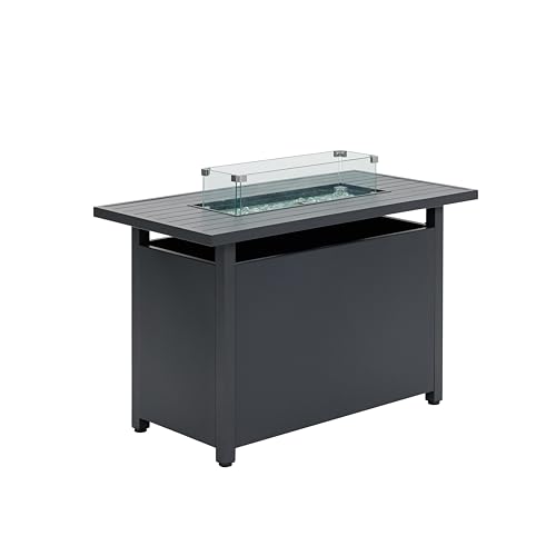 Kleine oder große Feuerstelle Esstisch, Stahl oder Aluminium Garten Feuerstelle Tisch mit Lavasteinen, Glas Windschutz und Gartenmöbel Abdeckung, Outdoor Gas Feuerstelle Tische in Grau (Großes