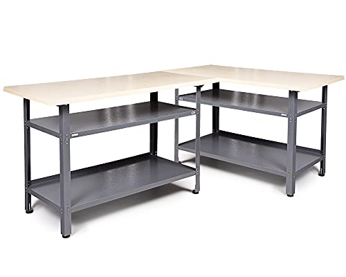 Ondis24 Werkstatt-Set Ecklösung Sparfuchs 120 x 120 x 85cm (H), 2X Werkbank aus Metall, melaminbeschichtete Arbeitsplatte, Problemlöser für Ecke (180x120 Basic, Grau)