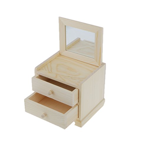 Dovewill Natural Unfinished Wooden Jewelry Box Small 2 Drawers Chest Case Glass Mirror #TOP6