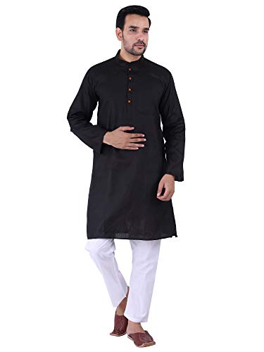 Image of JEXI Men's Cotton Blend Solid Kurta Pyjama Set - Knee-Length, Mandarin Collar, Full Sleeve, Ethnic Wear