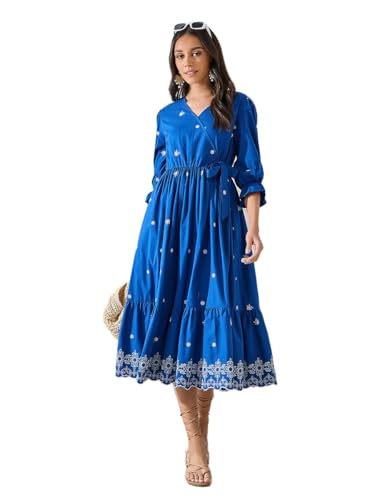 Image of Styli Women Blue V-Neck Wrap Contrast Embroidered Midi Dress | Three-Quarter Sleeves, Flattering Wrap Style, Soft Cotton |Perfect Dress for Casual & Evening Events