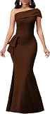 Formal Brown Dresses for Women Sexy Bodycon One Off Shoulder Mermaid Cocktail Floor Length Prom Long Dress with Zipper for Evening Party(Small)
