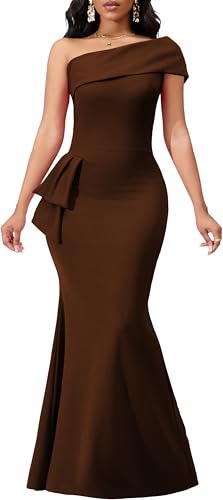 Formal Brown Dresses for Women Sexy Bodycon One Off Shoulder Mermaid Cocktail Floor Length Prom Long Dress with Zipper for Evening Party(Small)