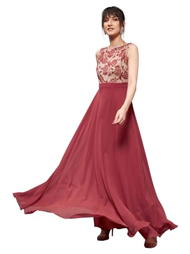 Image of Miss Chase Women's V-Neck Full Sleeve Self Design Lace-Overlaid Georgette Maxi Dress