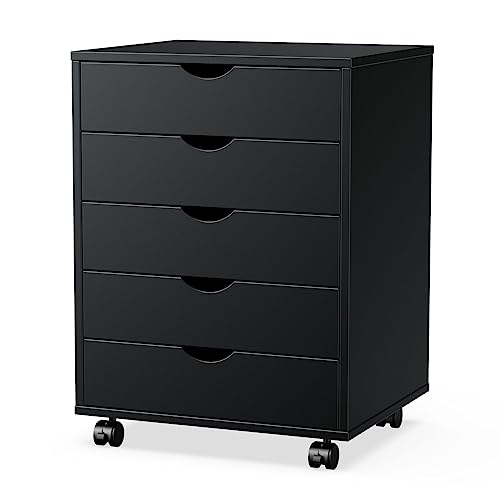 Elevon 5 Drawer Chest, Dressers Storage Cabinets Wooden Dresser Mobile Cabinet with Wheels Room Organizer, Small Drawers Wood Organization Furniture for Office, Home,Black