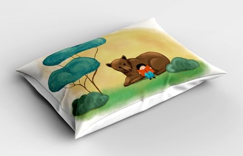 Ambesonne Cartoon Pillow Sham Set of 2, Boy Reading Along Bear in The Forest Imagining Fantasy Dreamland Cartoon, Quality Microfiber Bedding Item for All Seasons, 36