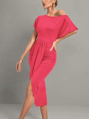 Image of LYANER Women's One Off The Shoulder Ruched Wrap Front Split Hem Draped Party Midi Dress