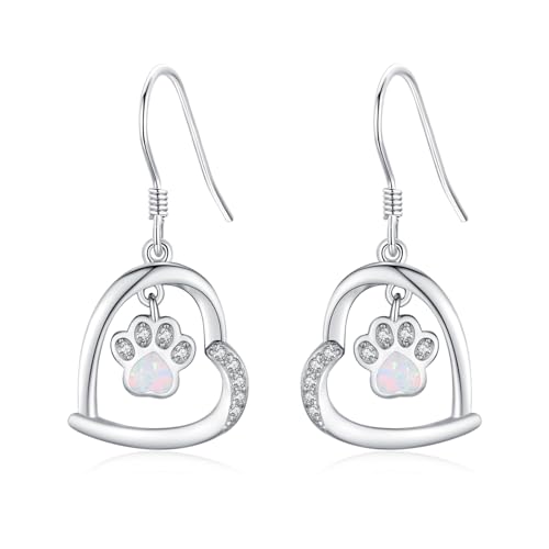 TakNii Paw Earrings 925 Sterling Silver Heart Opal Dog Dangle Drop Cute Animal Jewelry Gifts for Women Birthday Anniversary Valentines Day