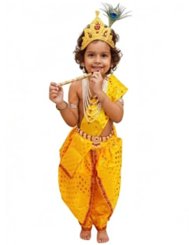 Image of BookMyCostume Krishna Yellow Polka Dot Costume Dhoti Patka with Heavy Pearl Jewellery and Mukut Set - Janmashtami Dress Costume for Baby Kanha - Boys & Girls 4-5 Years